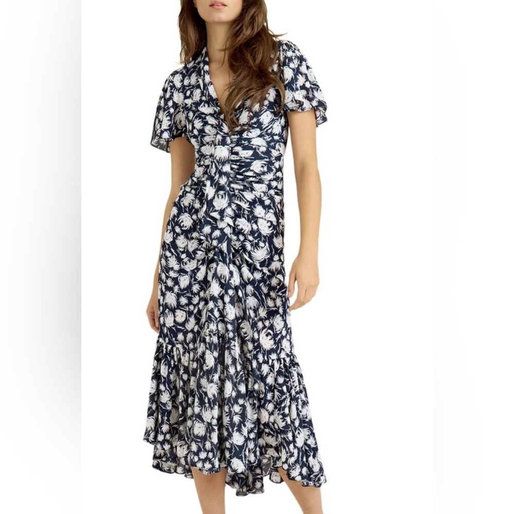 cinq a sept Navy and White Floral Midi Wrap Dress